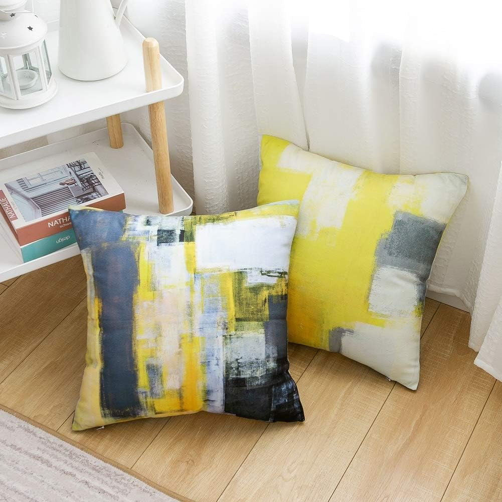 Throw Pillow Covers Yellow Throw Pillows Accent Pillow Covers Paint Set of 4 Cushion Case Yellow and Grey Decorative Yellow Pillows for Couch Sofa Living Room Bedroom 18 X 18 Inch