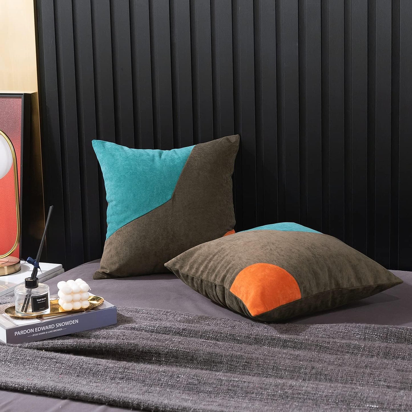 Teal Brown Orange Throw Pillow Covers 18 X 18 Inches Luxury Modern Patchwork Velvet Decorative Pillows for Couch Living Room Bedroom (Teal Brown Orange)