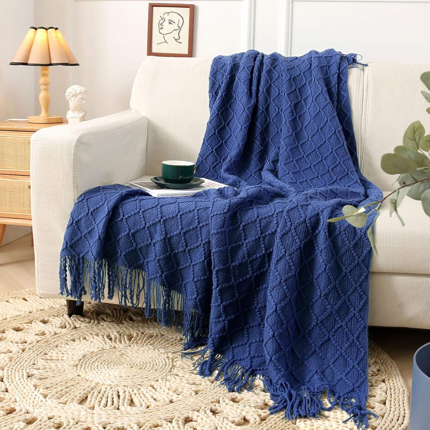 Navy Throw Blanket, Knit Throw Blanket, Boho Throw Blanket for Couch,Bed, Farmhouse Throw Blanket, Lightweight Woven Throw Blanket, Decorative Throw Blanket, Navy Blue Blanket (50"X60")