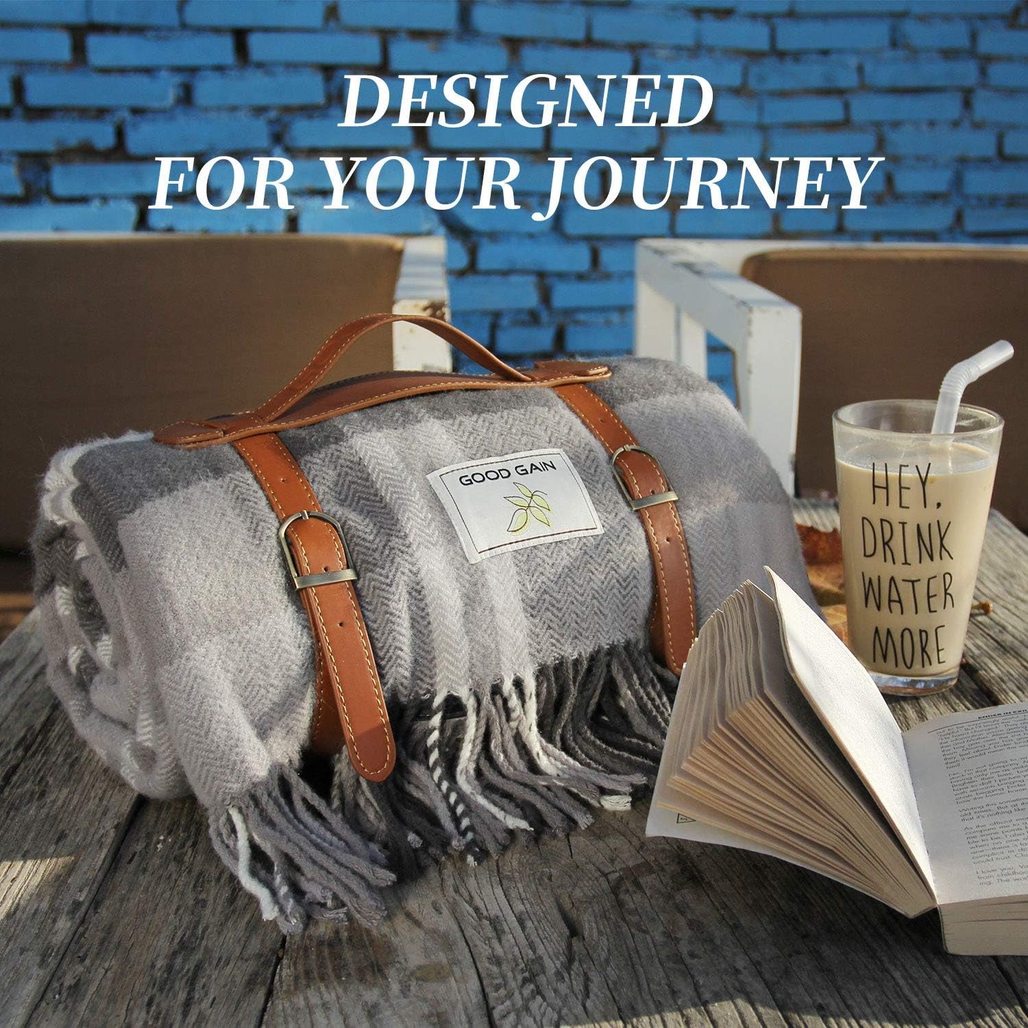 Waterproof Picnic Blanket, 60X80Inch Extra Large Foldable Rug with Luxury PU Leather Carrier, Portable Sandproof Picnic Mat for Hiking Camping.Grey Check