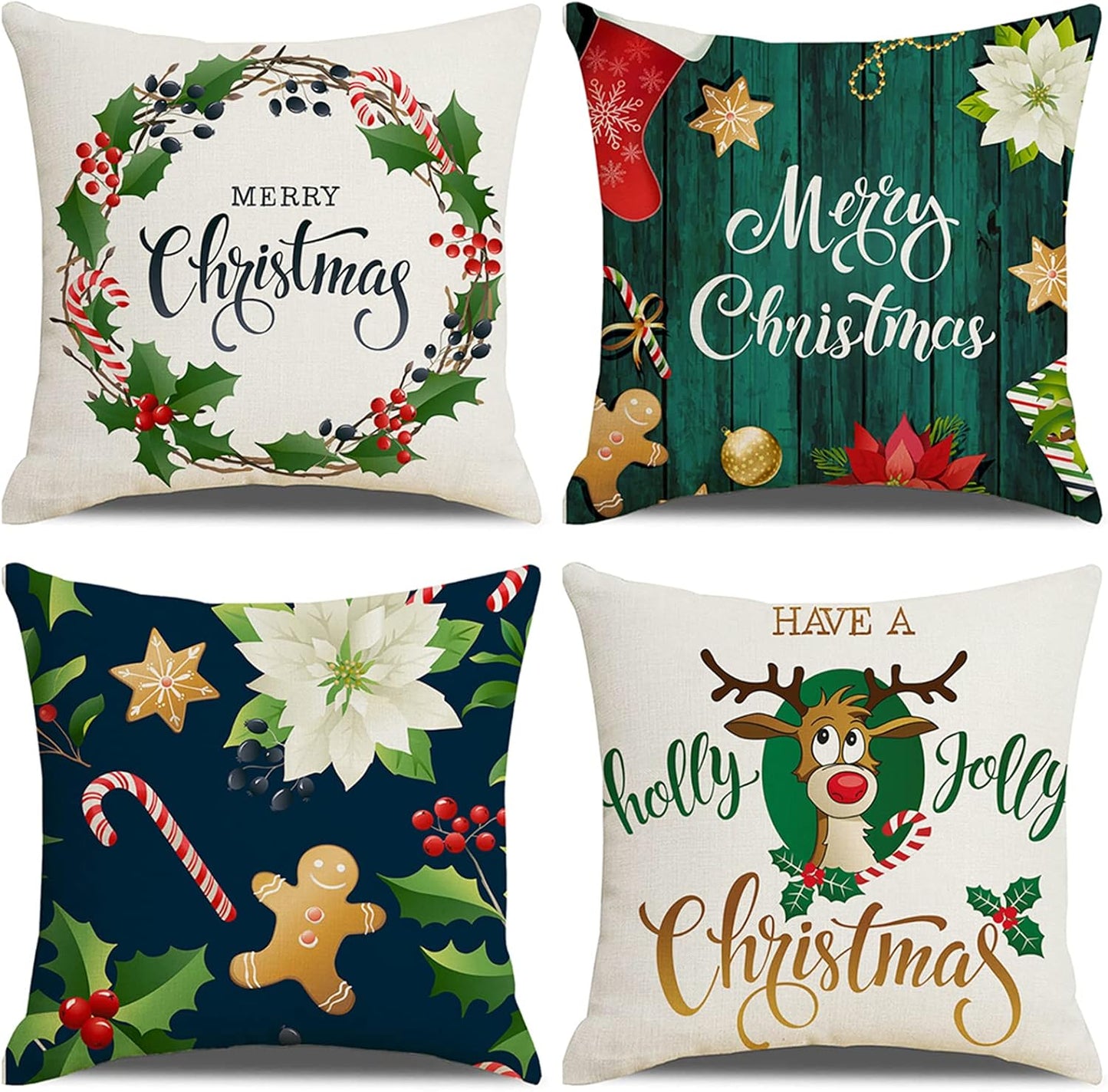 Set of 4 Christmas Pillow Covers 18X18 Throw Pillow Covers Decorative Cushion Covers Sofa Pillows Case Christmas Decorations Home Decor (Xmas-Green02, Linen)