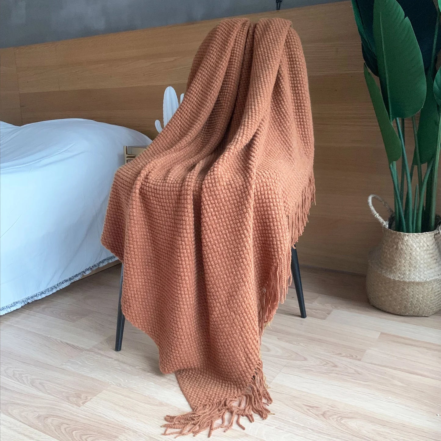 Knitted Throw Blanket with Tassels Bubble Textured Lightweight Throws for Bed,Chair,Sofa,Living Room,Home Decor (Caramel/Rust,50*60 In)