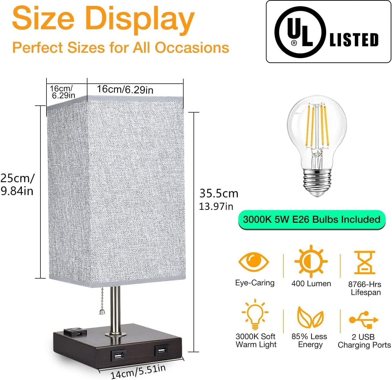 USB Table Lamp for Bedroom, Minimalist Nightstand Table Lamp with Dual USB Ports, Bedside Desk Lamps with Grey Fabric Shade Side Lamps for Living Room, Office, Kids Room, Study (Set of 2)