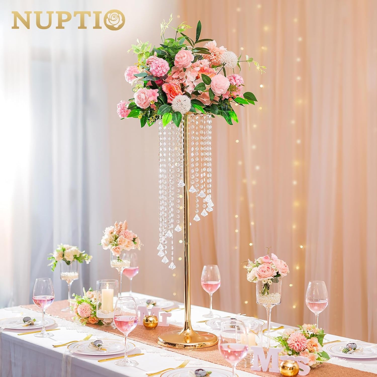 2 Pcs 35.4Inch Tall Wedding Centerpieces Gold Vases Crystal Flower Vase Metal Flowers Stand for Party Tables Decorations - Elegant Bulk Weddings Decoration Table Chandelier Centerpiece Stands