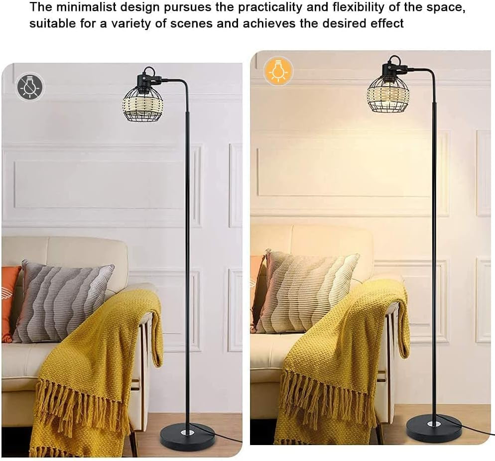 DLLT LED Floor Lamp, Adjustable Head Standing Lamp with Heavy Metal Based, Farmhouse Tall Rattan Floor Lamps Reading Lighting for Living Room, Bedroom, Study Room, Office, 8W 3000K E26 Bulb Included