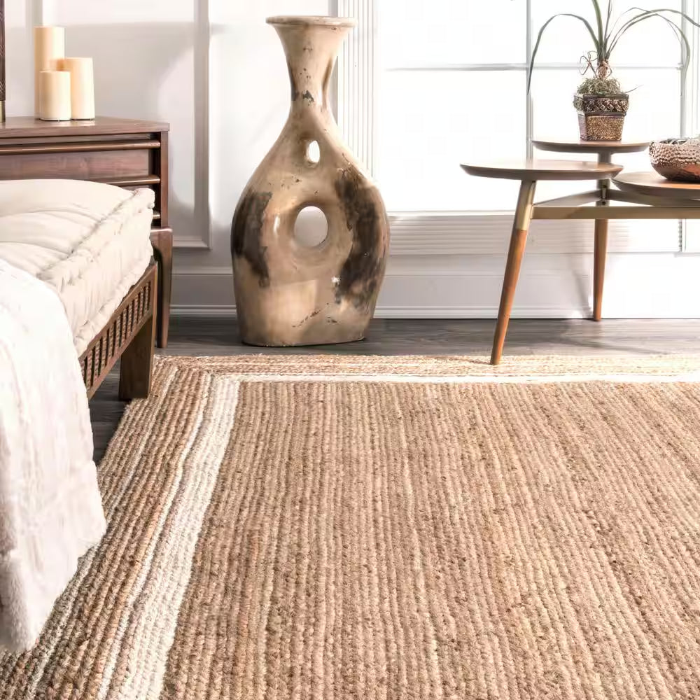 Rikki Braided Border Jute Off-White 8 Ft. Farmhouse round Living Room/Bedroom/Dining Room Area Rug
