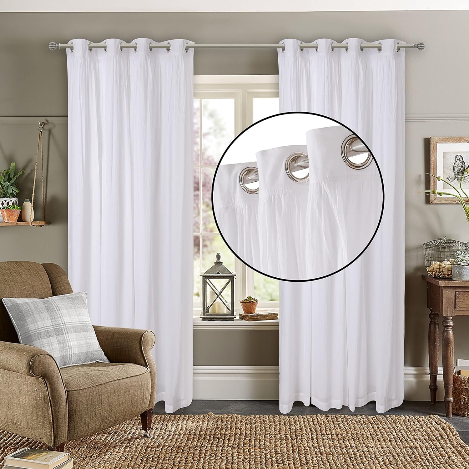 White Cotton Curtains Set of 2, White Cotton Curtains 96 Inches Long & 50 Inch Wide,Cotton Curtains,Grommete Curtains,White Cotton Curtains,White Panel Curtains, Double Layer Grommete Curtains