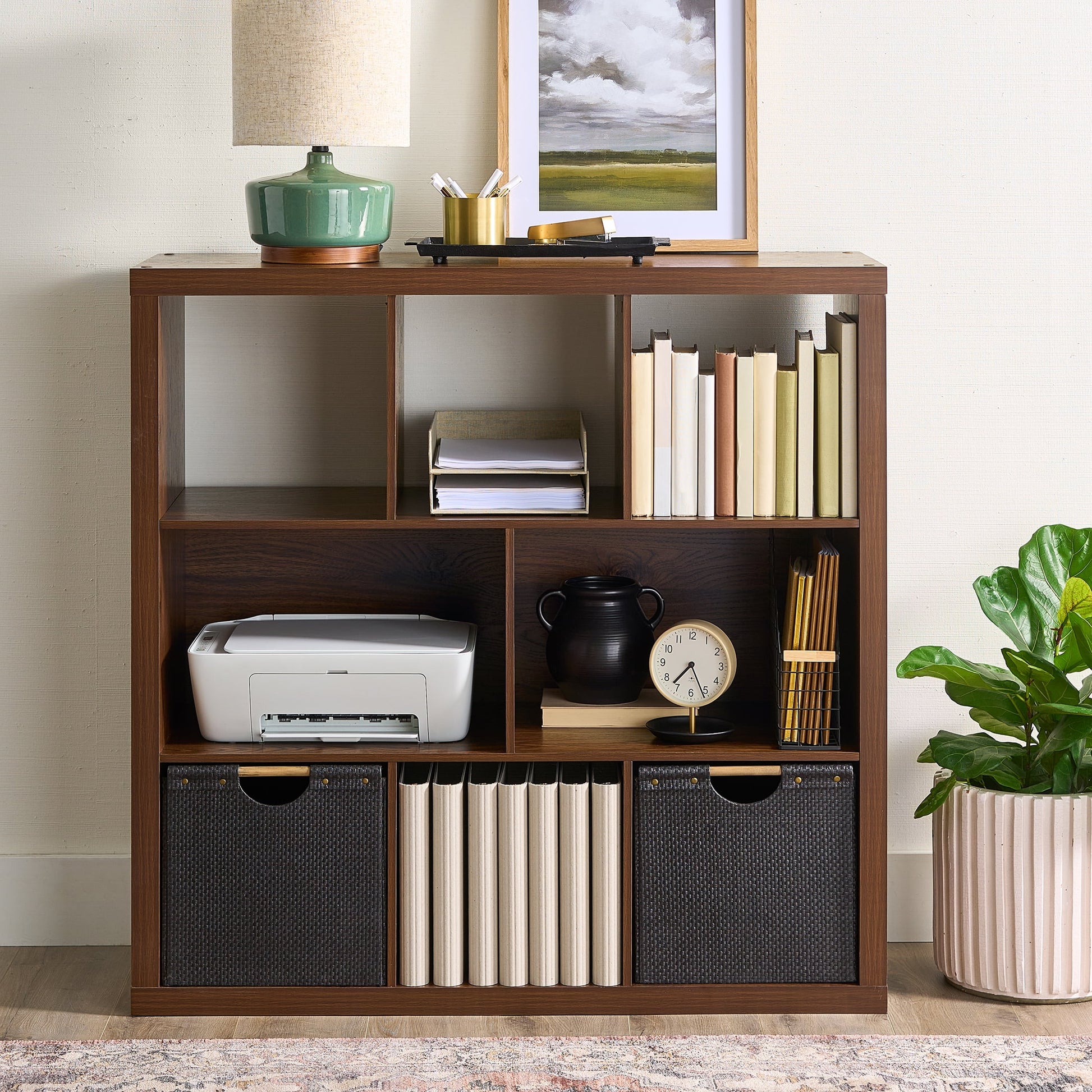6 Cube Organizer with Storage Cubbies, Walnut Finish