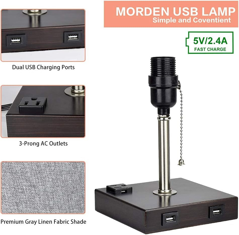 USB Table Lamp for Bedroom, Minimalist Nightstand Table Lamp with Dual USB Ports, Bedside Desk Lamps with Grey Fabric Shade Side Lamps for Living Room, Office, Kids Room, Study (Set of 2)