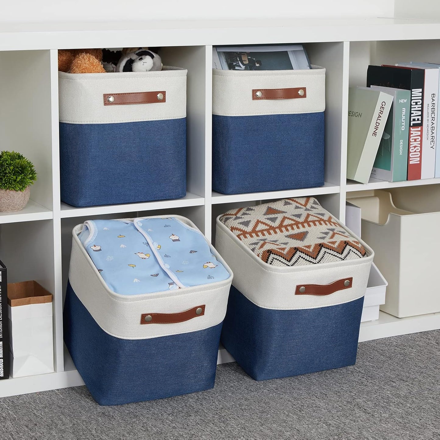 Fabric Cube Storage Bins Basket Set of 4, Closet Storage Cubes with Handles, Organizing Home Office (White Blue)