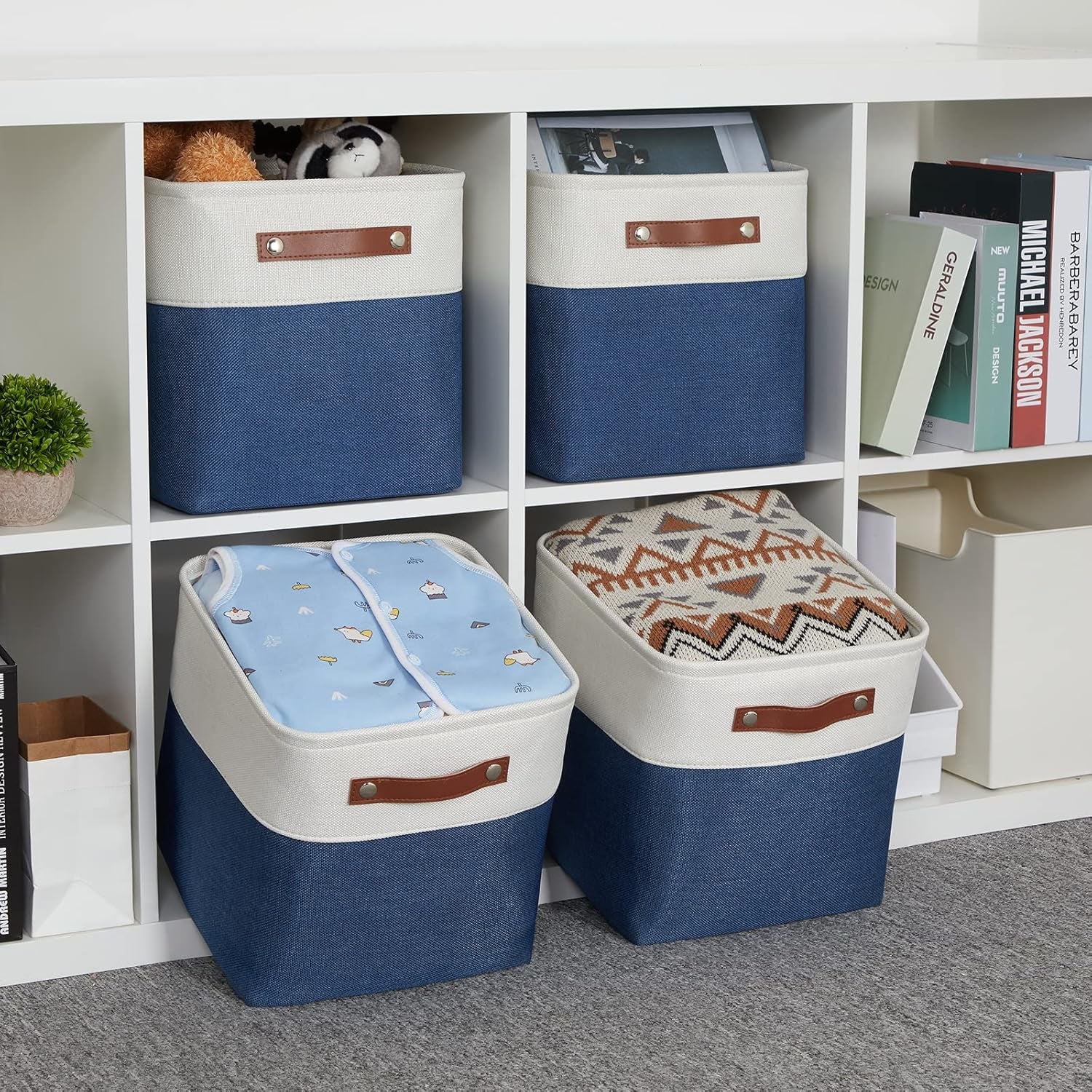 Fabric Cube Storage Bins Basket Set of 4, Closet Storage Cubes with Handles, Organizing Home Office (White Blue)