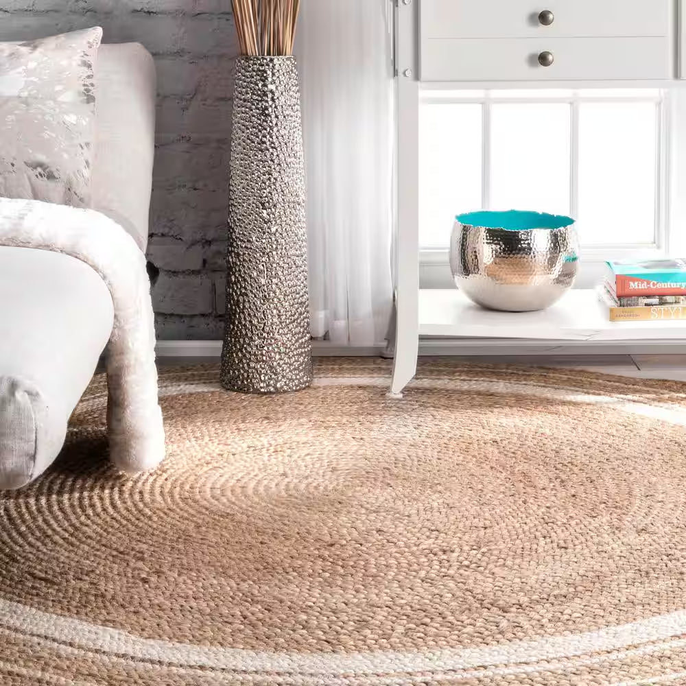Rikki Braided Border Jute Off-White 8 Ft. Farmhouse round Living Room/Bedroom/Dining Room Area Rug