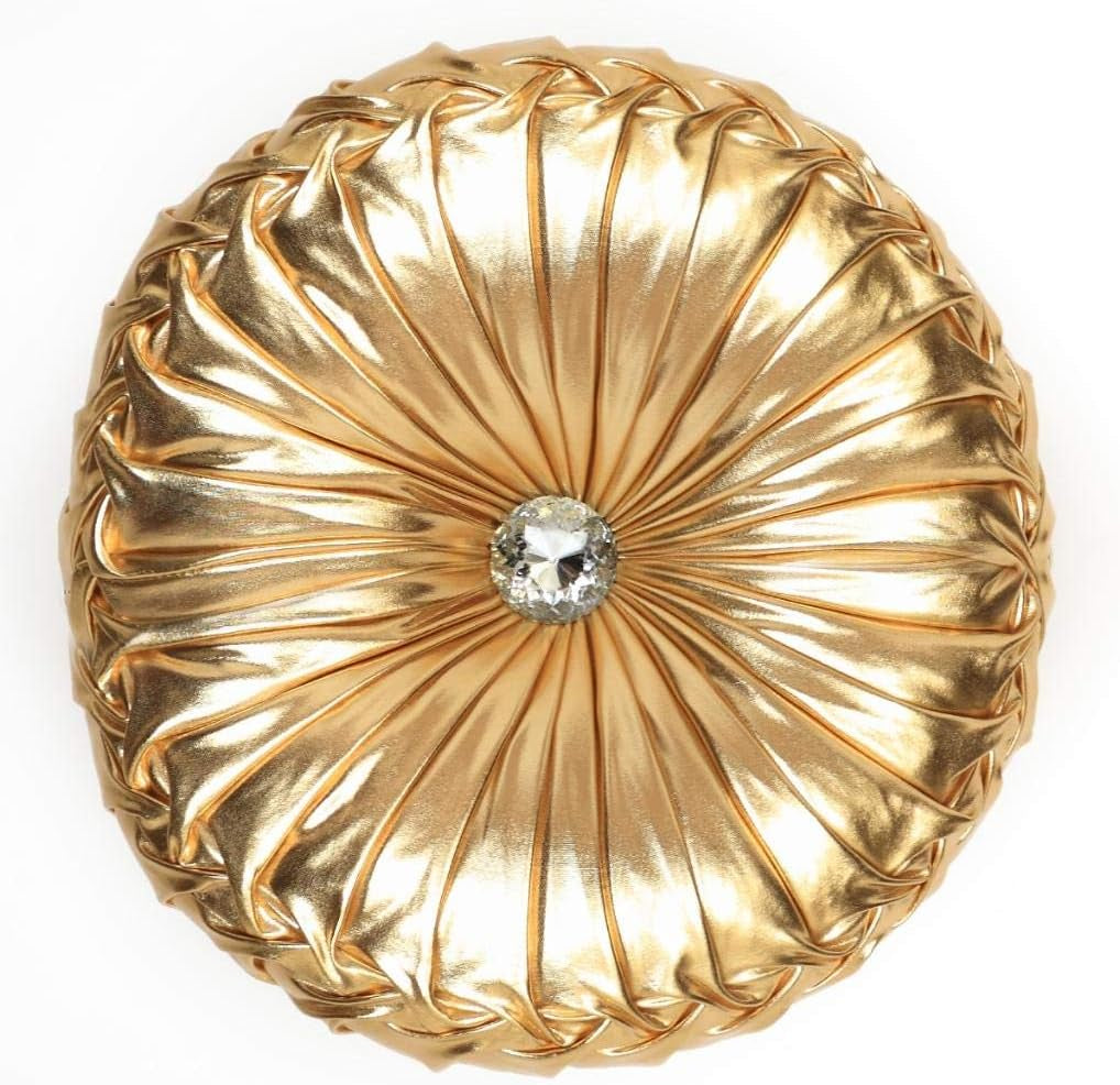 Tresshouse European round Throw Pillows, Soft Spandex Fabric Pumpkin Pleated Handmade Metallic Accent Circle Insert Cushion Diamond to Enhance for Sofa Bedroom Livingroom Couch Cover Chair Gold