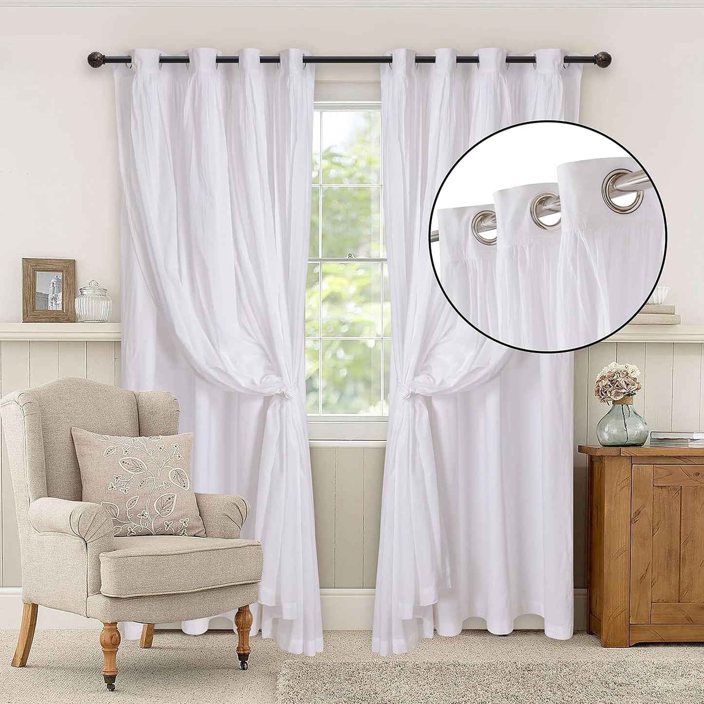 White Cotton Curtains Set of 2, White Cotton Curtains 96 Inches Long & 50 Inch Wide,Cotton Curtains,Grommete Curtains,White Cotton Curtains,White Panel Curtains, Double Layer Grommete Curtains