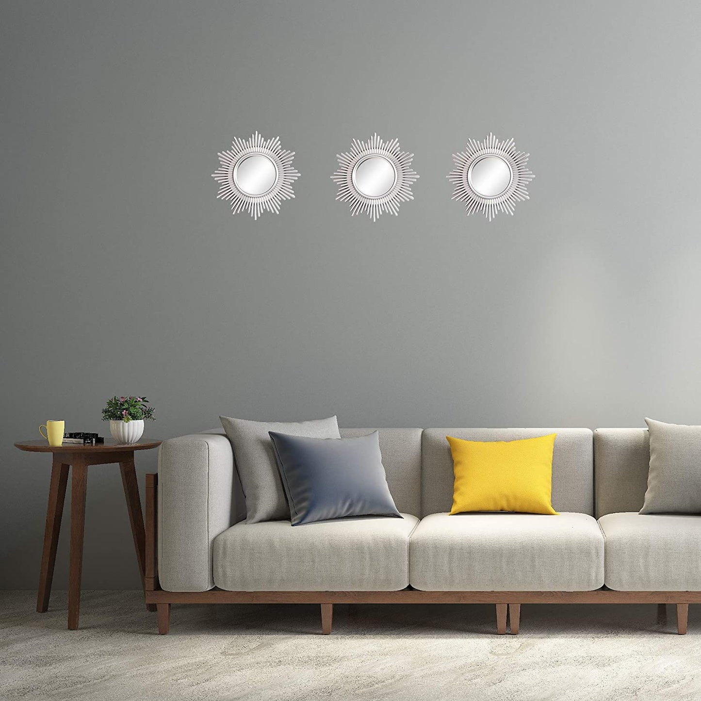 Small round Mirrors for Wall Decor Set of 3, Silver Sunburst Wall Decorations for Living Room Bedroom & Bathroom (MS013)