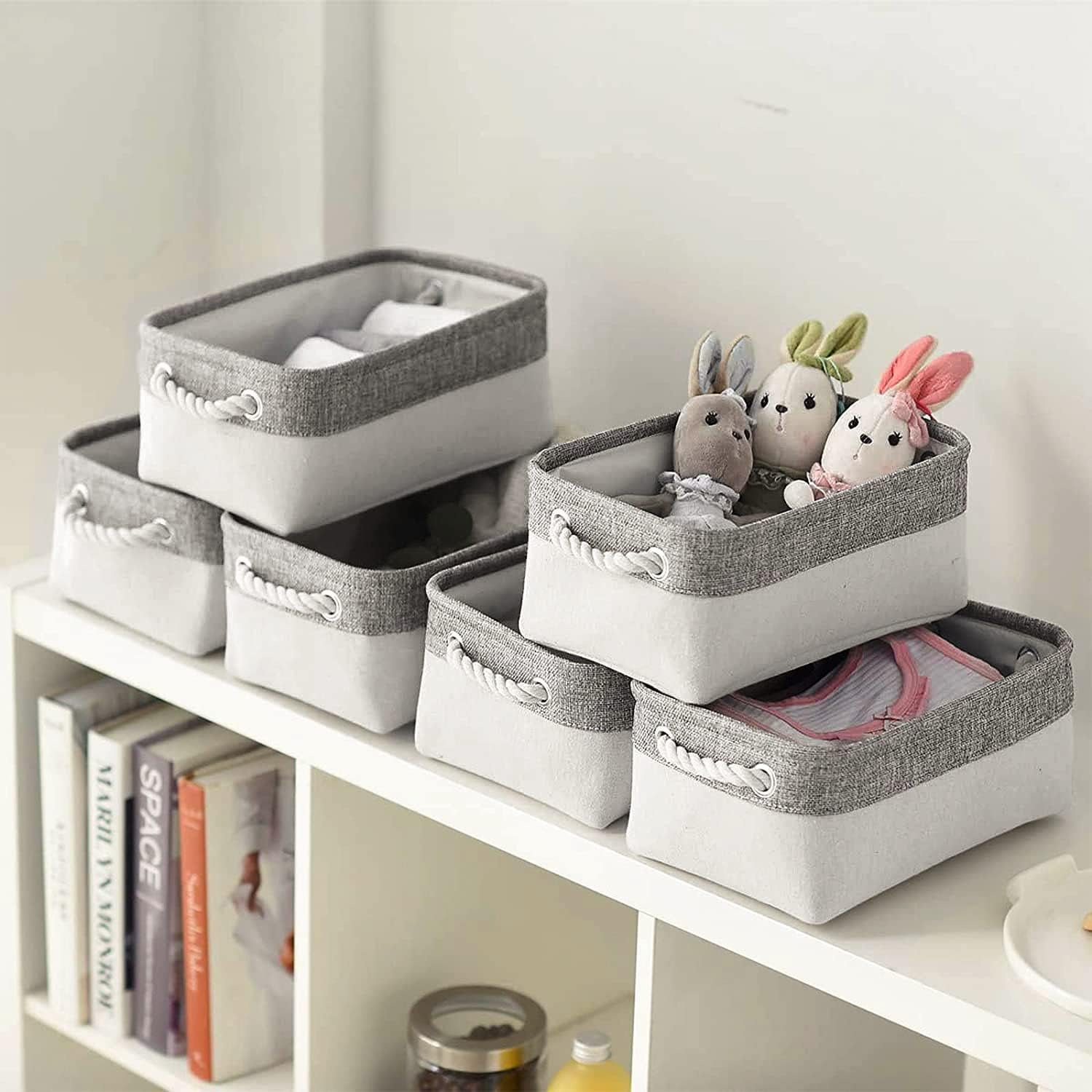 Basket for Organizing Cube Stgorage Bin - Small 6 Pack Fabric Storage Cubes Collapsible Baskets for Shelves with Rope, Bins for Organization Closet Cloth Toy Laundry Canvas (Grey&White 12X8X5.2 Inch)