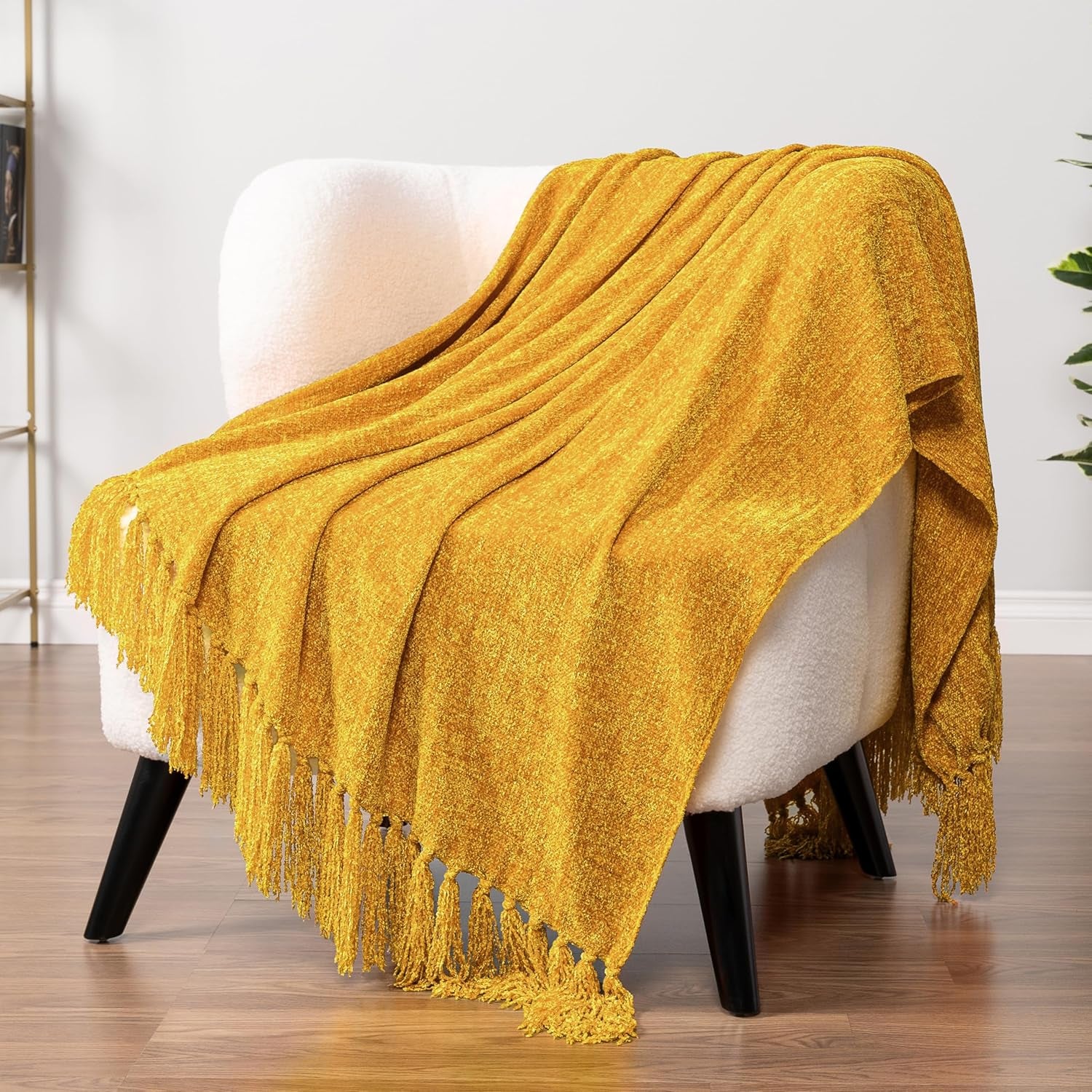 Mustard Yellow Throw Blanket for Couch & Sofa Bed, Soft Knit Woven Gold Blanket with Tassel, Decorative for Chair & Living Room, 50X60