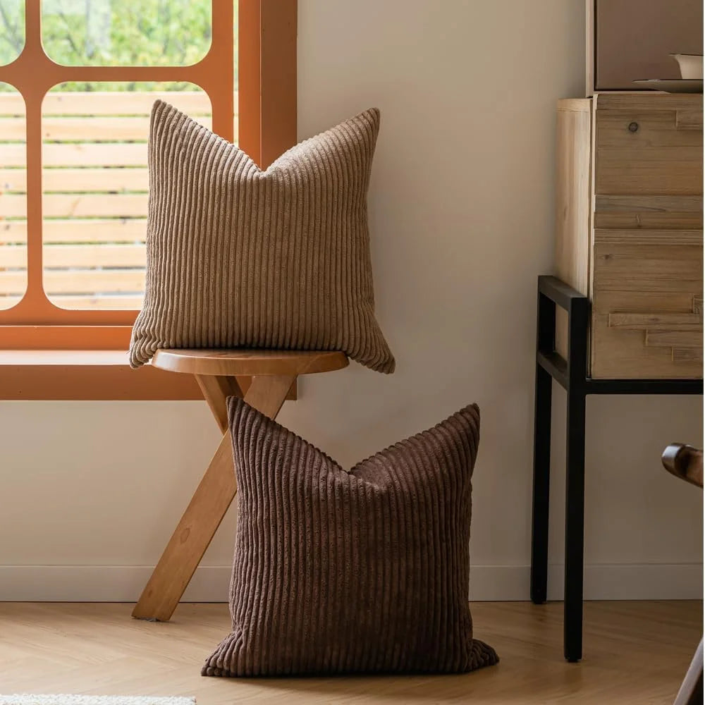 18X18 Inch Boho Decorative Neutral Brown Corduroy Accent Home Pillows, 4 Count(Pillowcase Only)