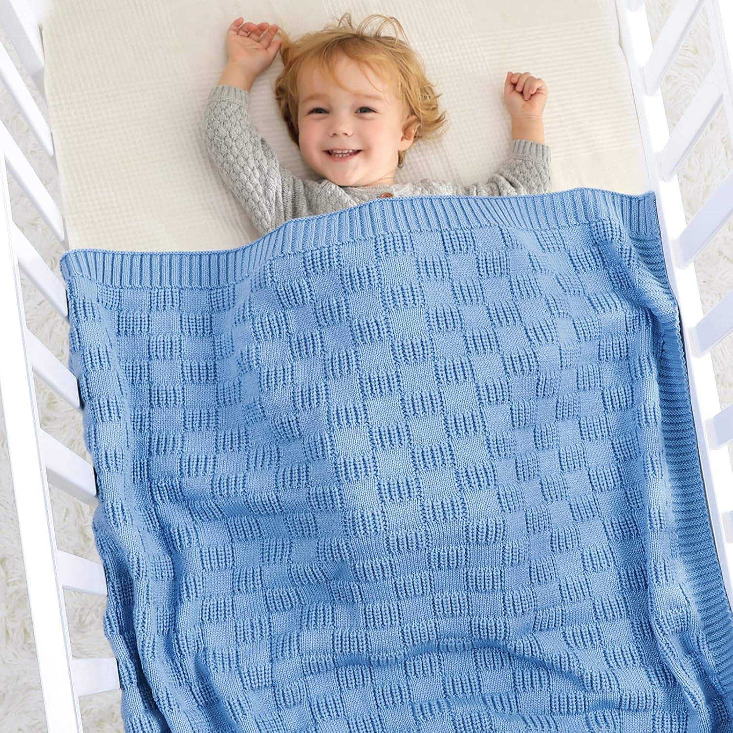 Baby Crochet Blanket Blue Knit Baby Blanket Waffle Weave Cellular Newborn Swaddle Receiving Cable Knit Blanket for Boys and Girls Gender Neutral Blankets 40X30 Inches