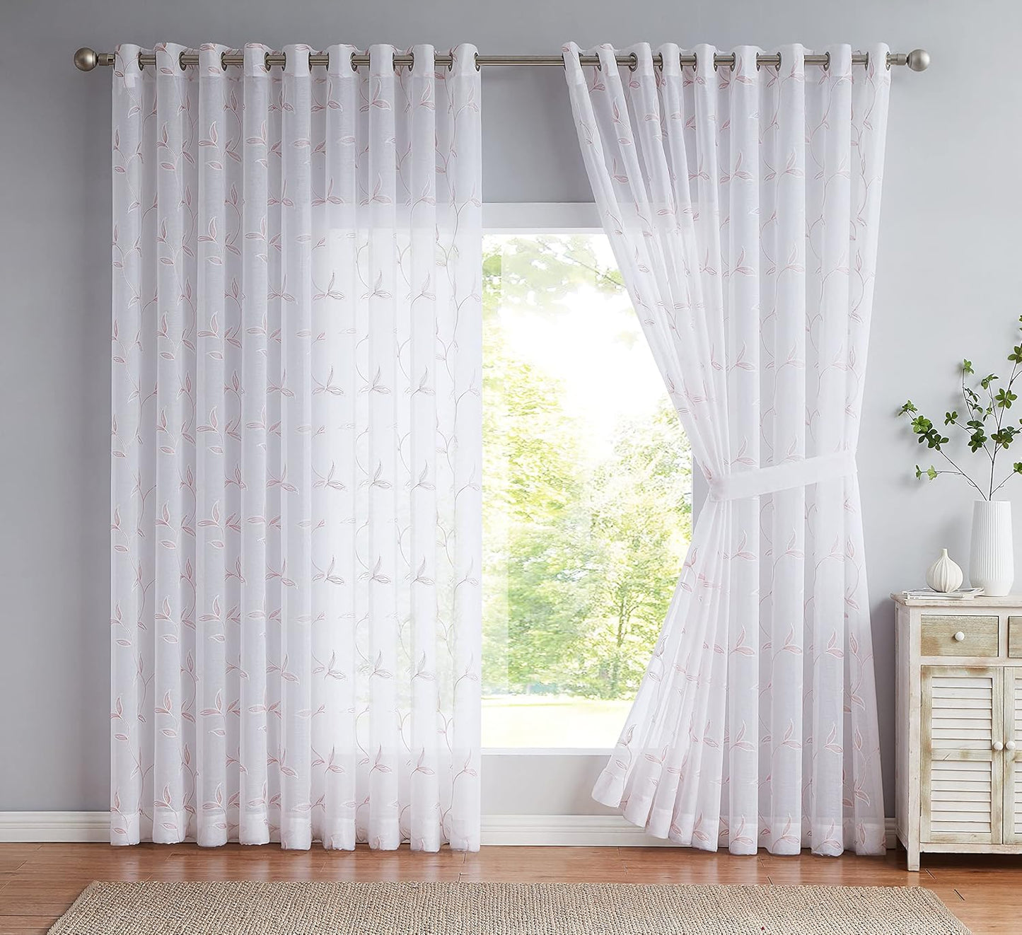 Floor to Ceiling Curtains for Extra Wide Windows. Sheer White Curtain Room Dividers Have Pink Blush Leaf Embroidery. Modern Decor Living Room Curtains. (Maria 108 X 100 Blush)