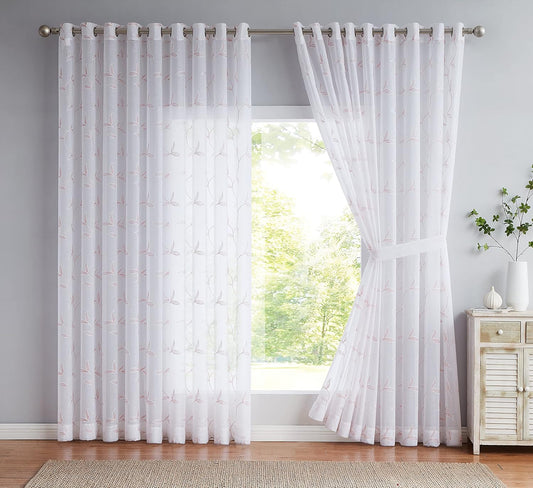 Floor to Ceiling Curtains for Extra Wide Windows. Sheer White Curtain Room Dividers Have Pink Blush Leaf Embroidery. Modern Decor Living Room Curtains. (Maria 108 X 100 Blush)