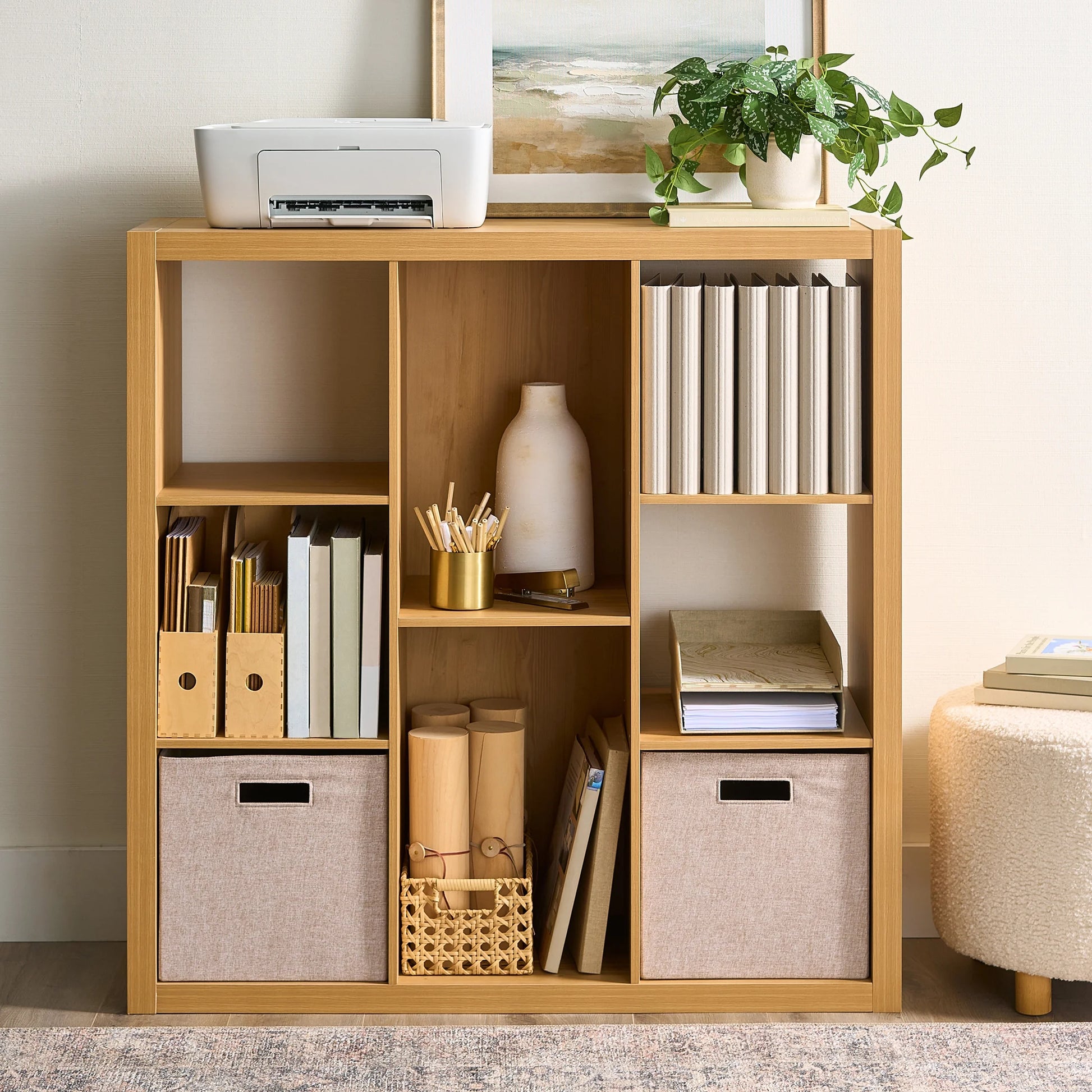 6 Cube Organizer with Storage Cubbies, Natural Pine Finish