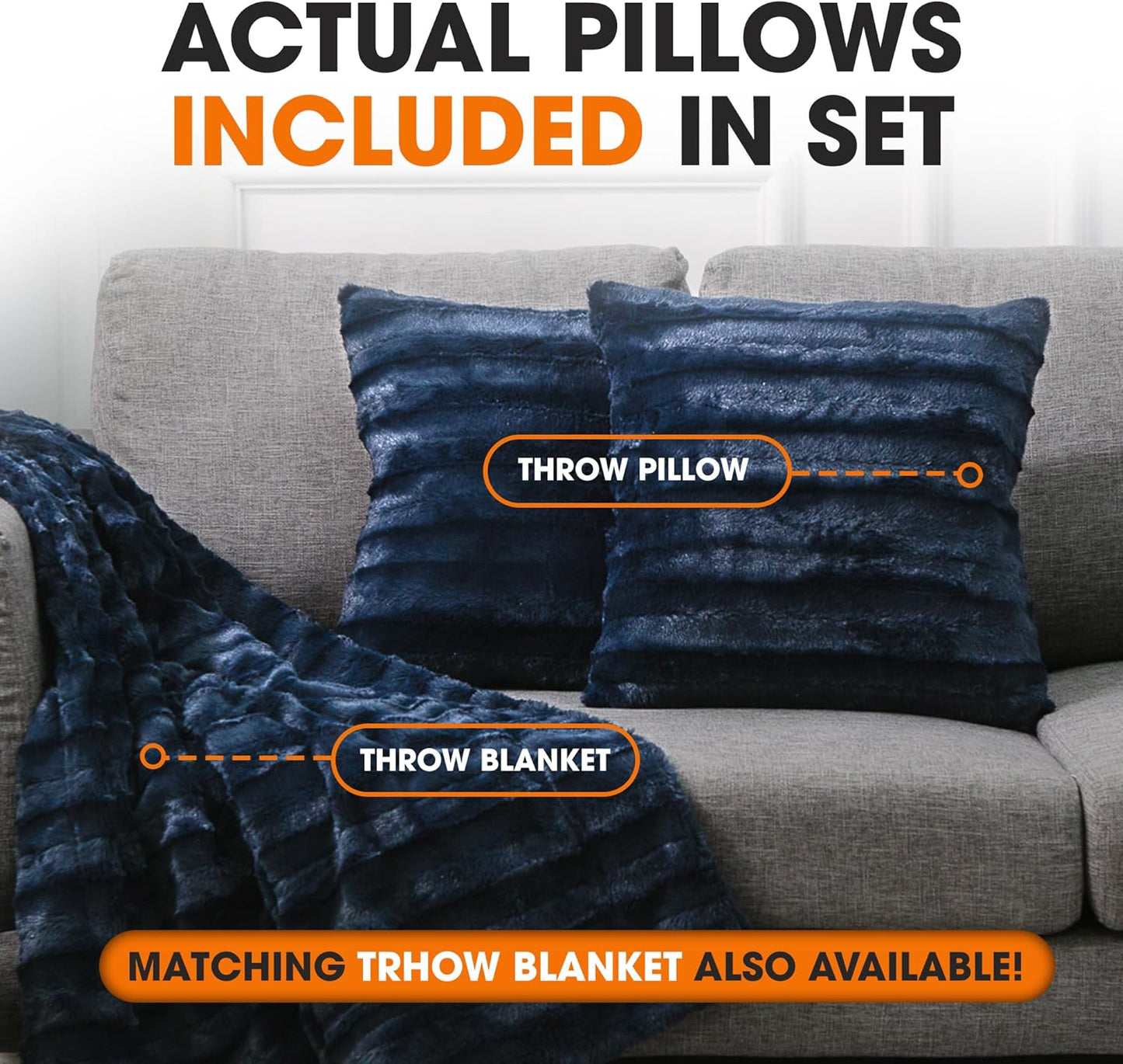 Faux Fur Throw Pillows - Decorative Pillows for Couch, Bed Throw Pillows, Blue Accent Pillows for Bedroom or Living Room Aesthetic, Set of 2 Furry Throw Pillows, 20" X 20"