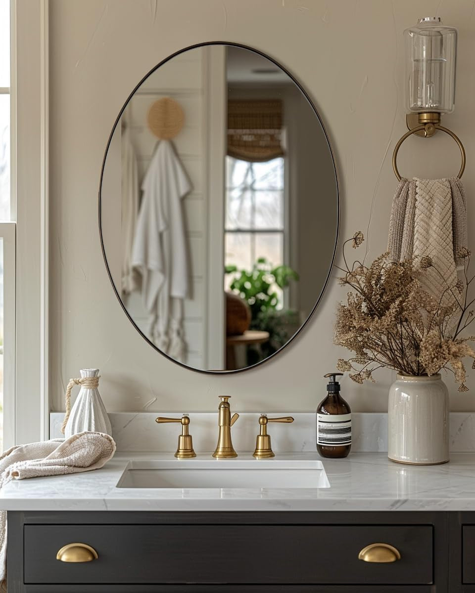 Brushed Bronze Oval Mirrors for Bathroom, 20X28 Inch Bronze Stainless Steel Metal Framed Oval Wall Mirror, Modern Vanity Mirror Wall Mount Horizontal or Vertical