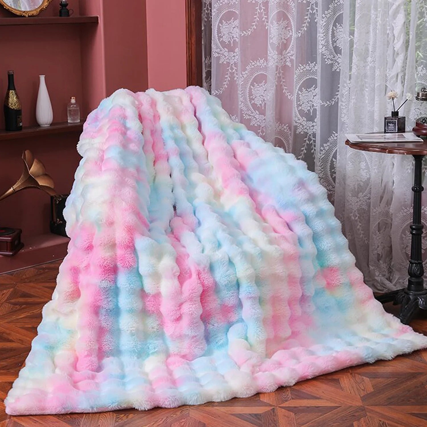 Tie Dye Pink Faux Rabbit Fur Throw Blanket for Couch Chair Soft Warm Girls Blaneket Fluffy Plush Bubble Throw Blanket Luxury Cute Cozy Fuzzy Girls Blankets 40×63 Inches