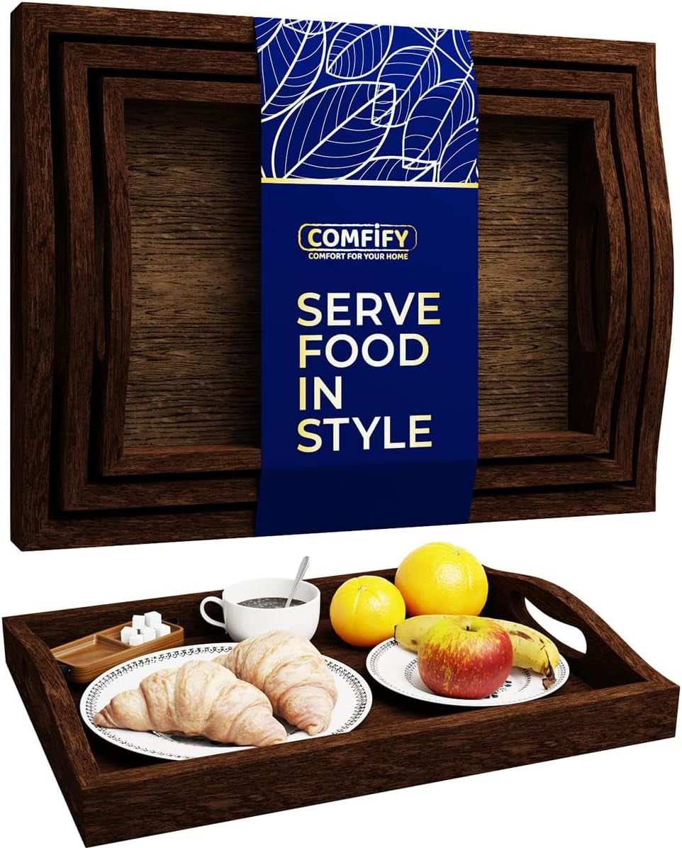 Serving Trays Set of 3 - Ottoman Wood Trays for Entertainment, Food and Decor - Rustic Farmhouse Distressed Wood Finish - Brown