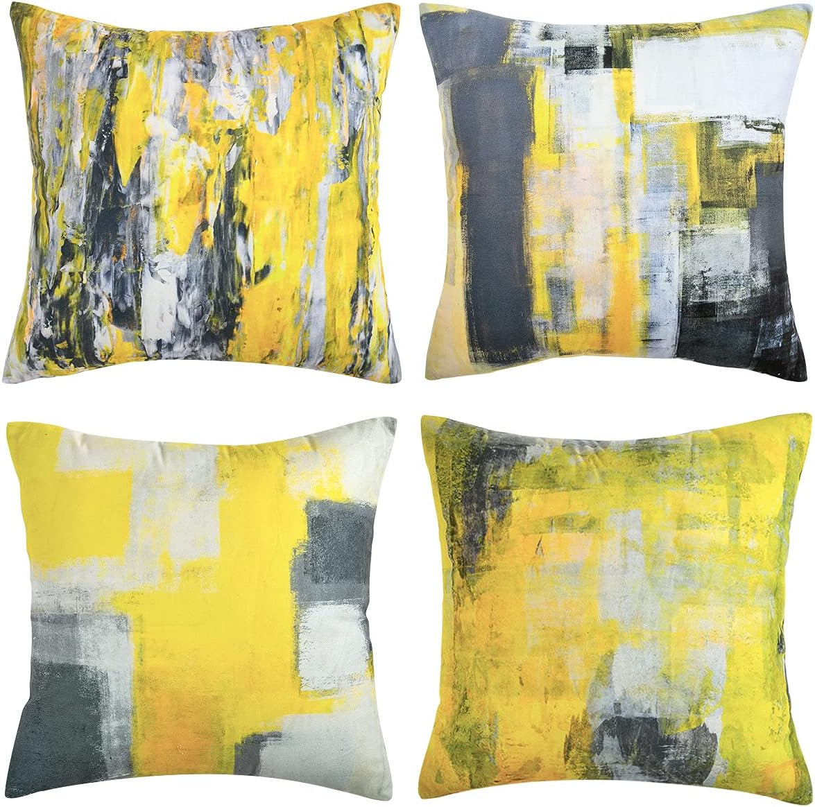 Throw Pillow Covers Yellow Throw Pillows Accent Pillow Covers Paint Set of 4 Cushion Case Yellow and Grey Decorative Yellow Pillows for Couch Sofa Living Room Bedroom 18 X 18 Inch