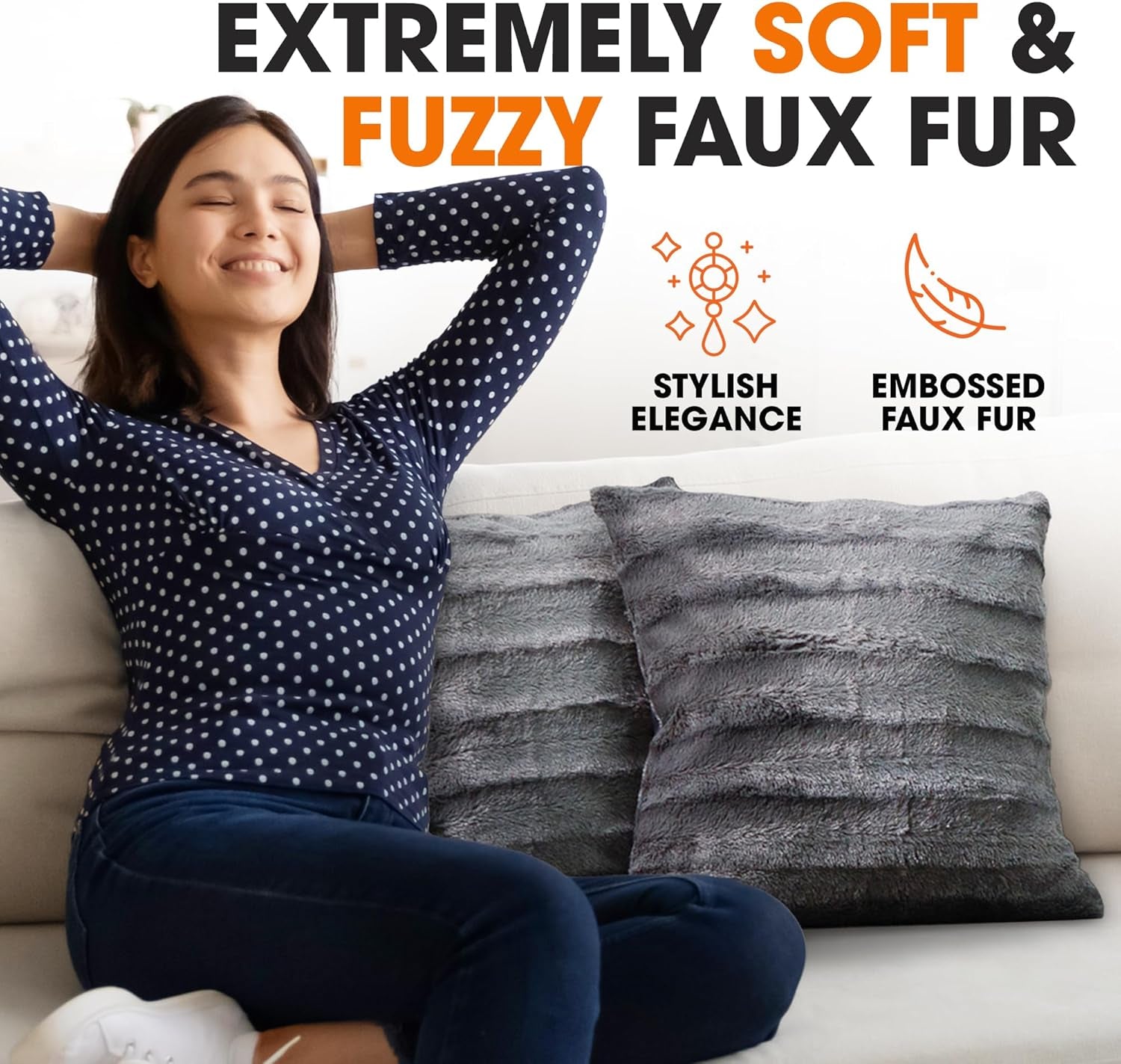 Faux Fur Throw Pillows - Decorative Pillows for Couch, Bed Throw Pillows, Grey Accent Pillows for Bedroom or Living Room Aesthetic, Set of 2 Furry Throw Pillows, 18”X18”