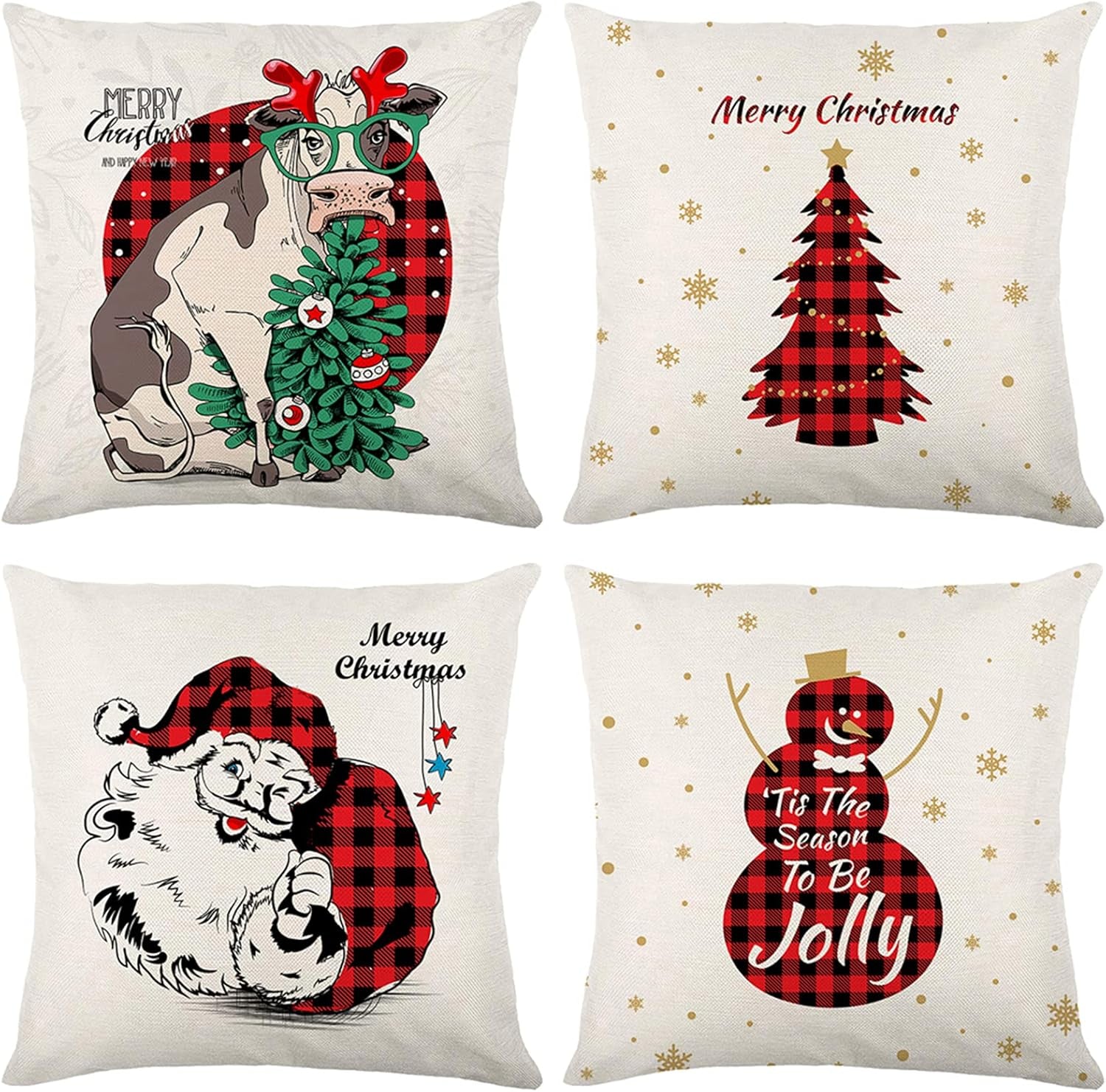 Set of 4 Christmas Pillow Covers 18X18 Throw Pillow Covers Decorative Cushion Covers Sofa Pillows Case Christmas Decorations Home Decor (Xmas-White15, Linen)