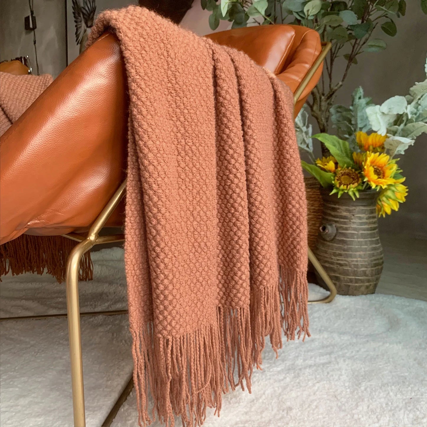 Knitted Throw Blanket with Tassels Bubble Textured Lightweight Throws for Bed,Chair,Sofa,Living Room,Home Decor (Caramel/Rust,50*60 In)