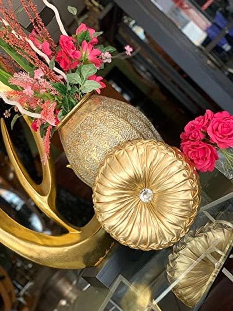 Tresshouse European round Throw Pillows, Soft Spandex Fabric Pumpkin Pleated Handmade Metallic Accent Circle Insert Cushion Diamond to Enhance for Sofa Bedroom Livingroom Couch Cover Chair Gold