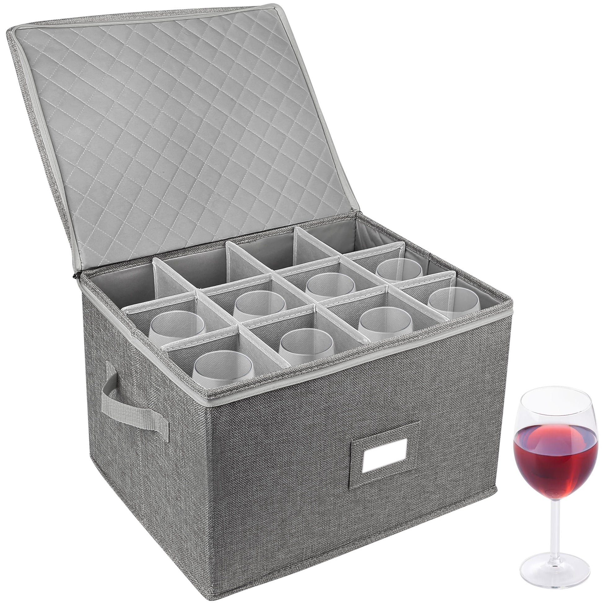 Stemware Storage Container, Quilted Linen Stackable Wine Glass Storage Box,Hard Shell,Grey