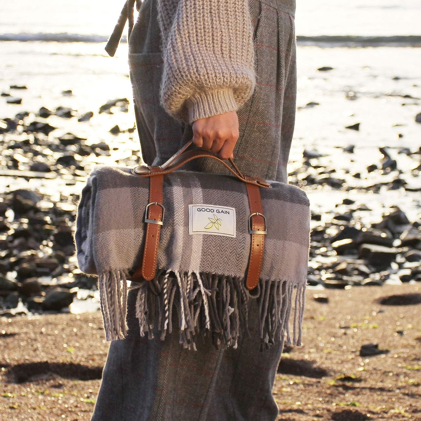 Waterproof Picnic Blanket, 60X80Inch Extra Large Foldable Rug with Luxury PU Leather Carrier, Portable Sandproof Picnic Mat for Hiking Camping.Grey Check