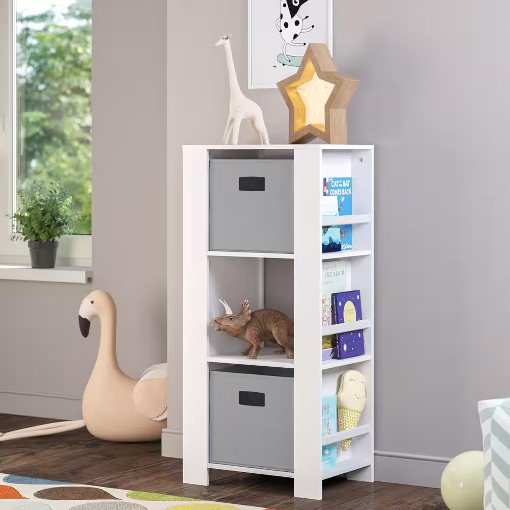 17.38 In. Wide Painted Finish Kids Bookshelf and Toy Organizer Tower 3-Cubbies and 6-Bookracks with 2-Piece Gray Bins