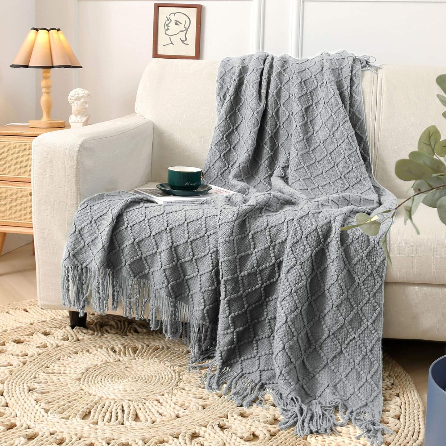Grey Throw Blankets, Knit Throw Blanket, Boho Throw Blanket for Couch,Bed, Farmhouse Throw Blanket, Lightweight Woven Throw Blanket, Decorative Throw Blanket (50"X60")