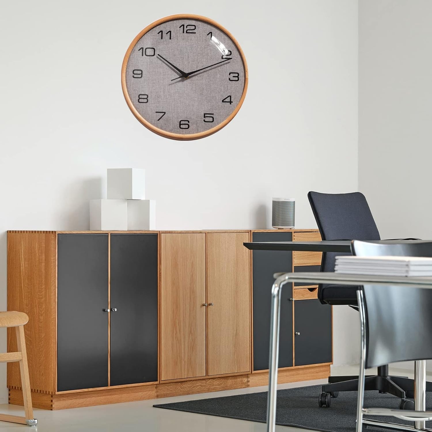 12-Inch Wall Clock, Wooden Frame Wall Clock, Fine Wooden Frame and Linen Wall Clock, Battery-Powered, Silent Wall Clock, Home/Office/School Clock(Gray