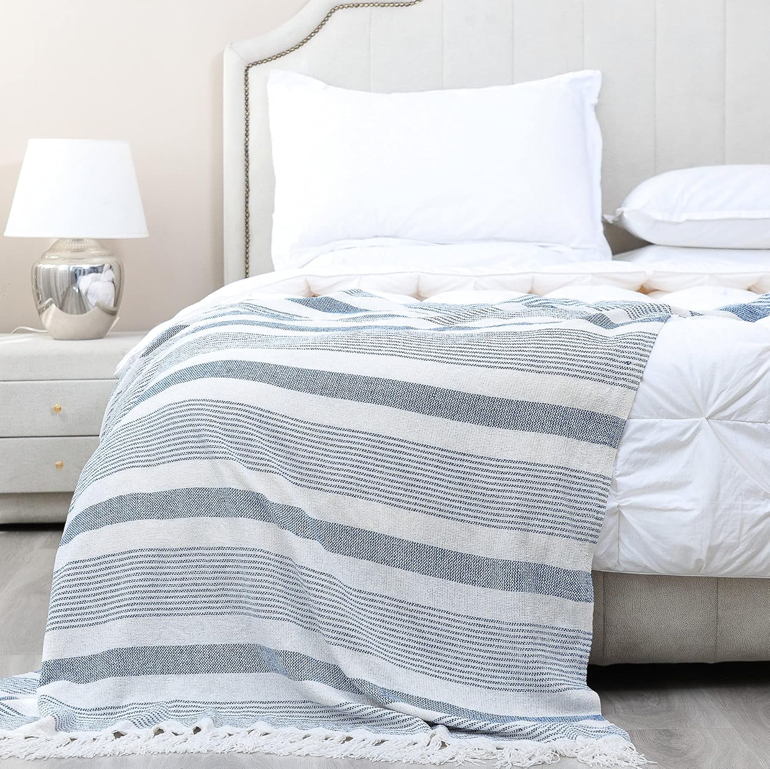 Decorative Blue White Striped Throw with Fringe, Soft Chenille Knitted Farmhouse Lightweight Blanket with Tassels for Couch Sofa Chair Bed Office Home Décor, Blue and Ivory, 50" X 60"
