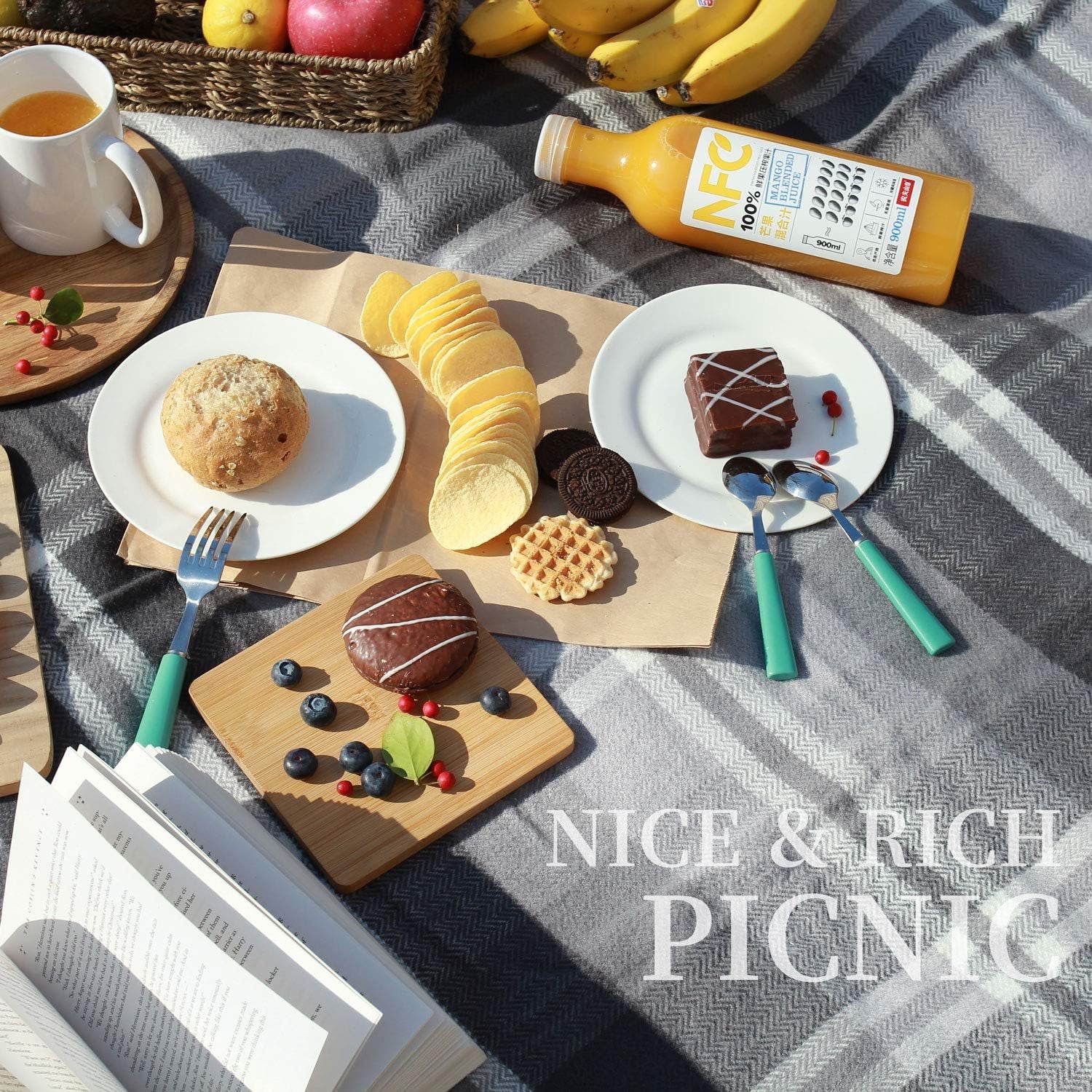 Waterproof Picnic Blanket, 60X80Inch Extra Large Foldable Rug with Luxury PU Leather Carrier, Portable Sandproof Picnic Mat for Hiking Camping.Grey Check