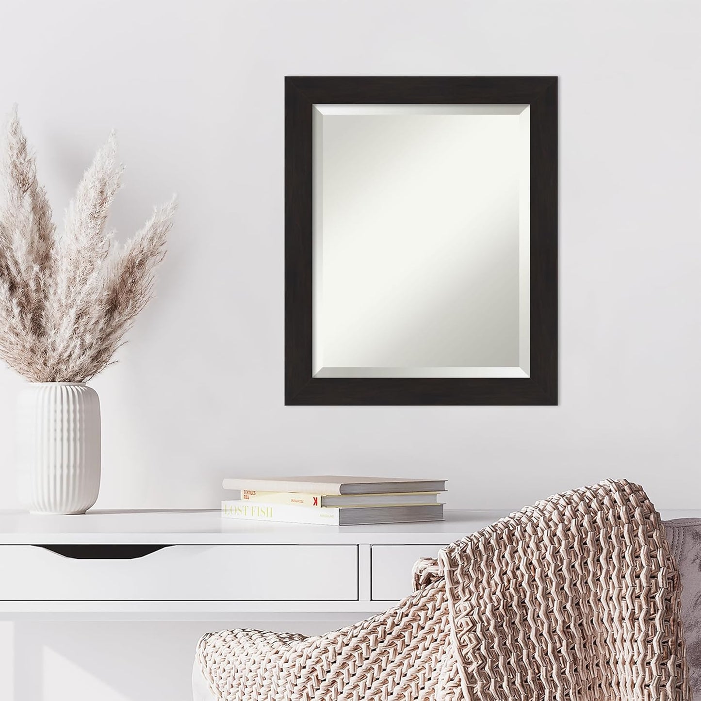 Brown Wall Mirror 24X20 Furniture Espresso Narrow Rectangle Bathroom Mirror for Wall Decor Living Room, Small Casual Frame, Hangs Horizonally and Vertically, Bathroom Decor, Beveled Edge