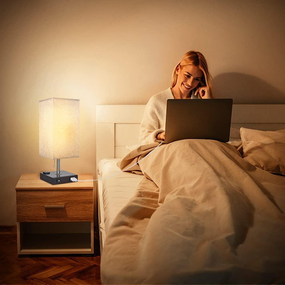 USB Table Lamp for Bedroom, Minimalist Nightstand Table Lamp with Dual USB Ports, Bedside Desk Lamps with Grey Fabric Shade Side Lamps for Living Room, Office, Kids Room, Study (Set of 2)