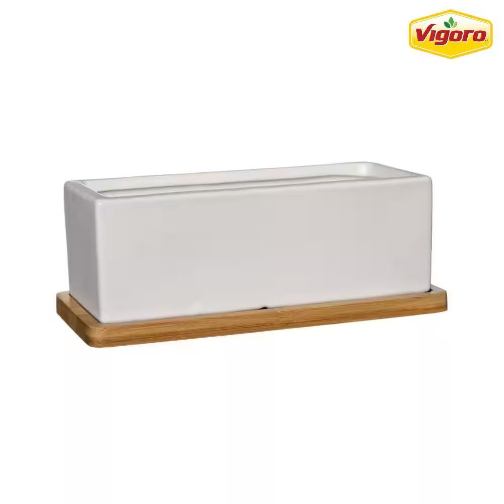 9 In. Nipp Medium White Ceramic Rectangle Planter (9 In. L X 8.5 In. W X 3.4 In. H) with Attached Tray