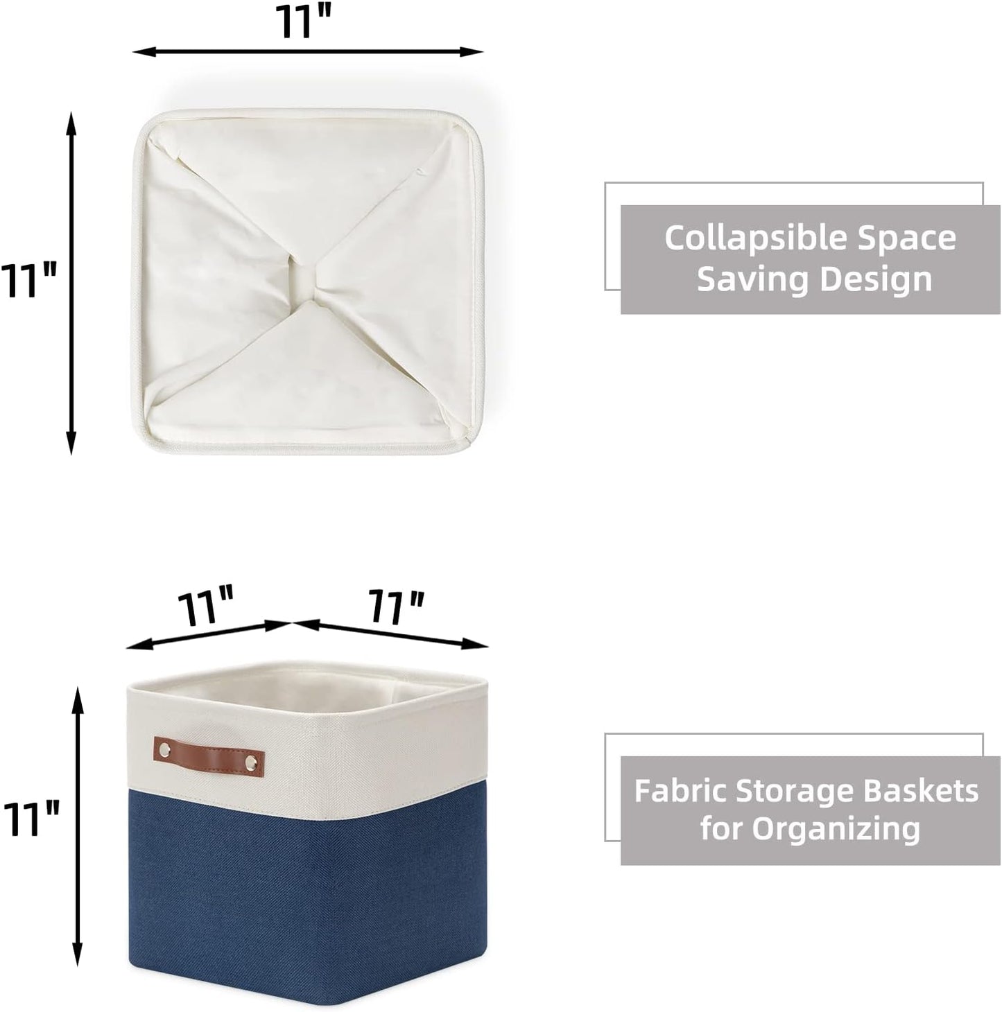 Fabric Cube Storage Bins Basket Set of 4, Closet Storage Cubes with Handles, Organizing Home Office (White Blue)