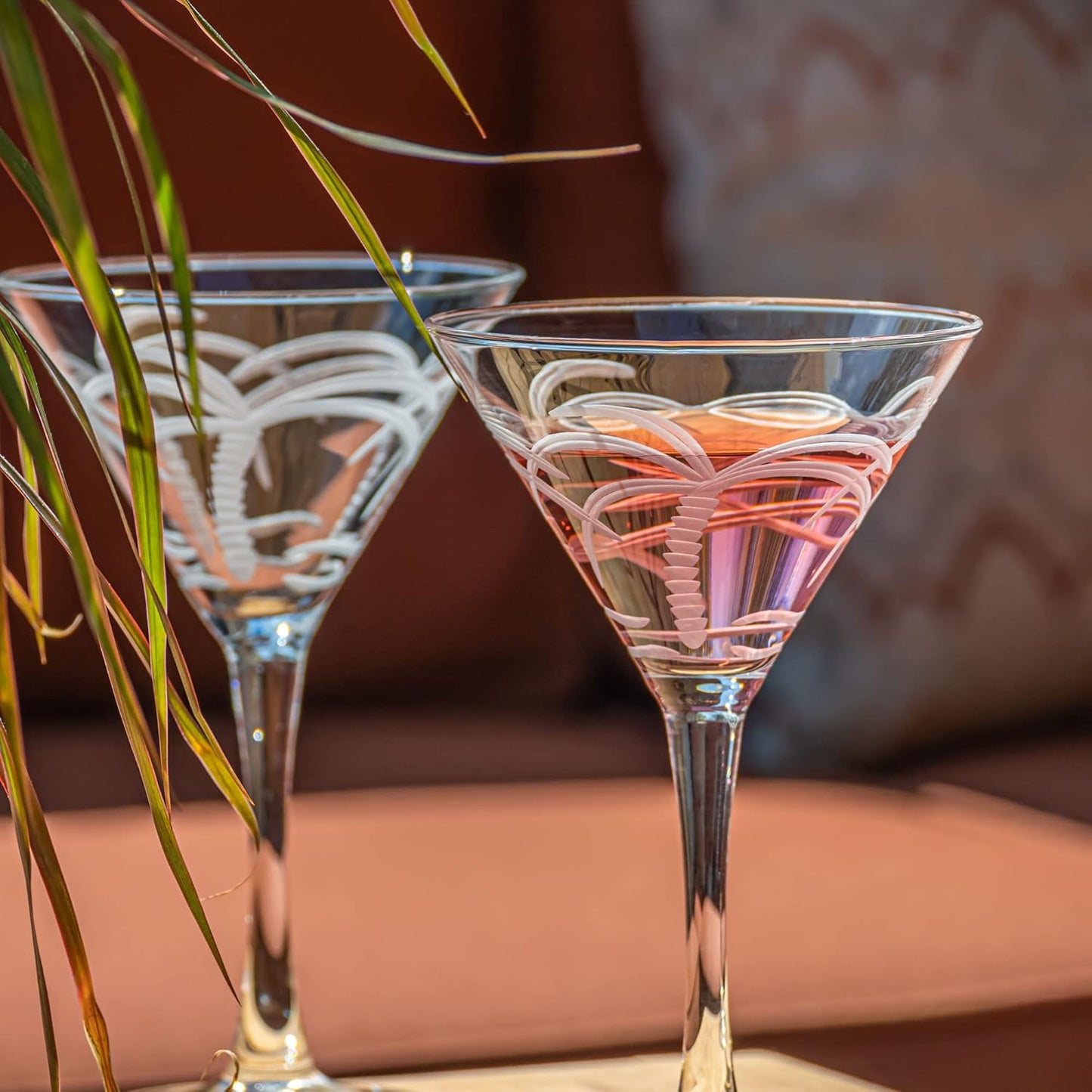 Palm Tree Martini Glass | Stemmed 10 Ounce Martini Glasses | Lead-Free Glass | Diamond-Wheel Engraved Cocktail Glasses | Made in the USA (Set of 4)
