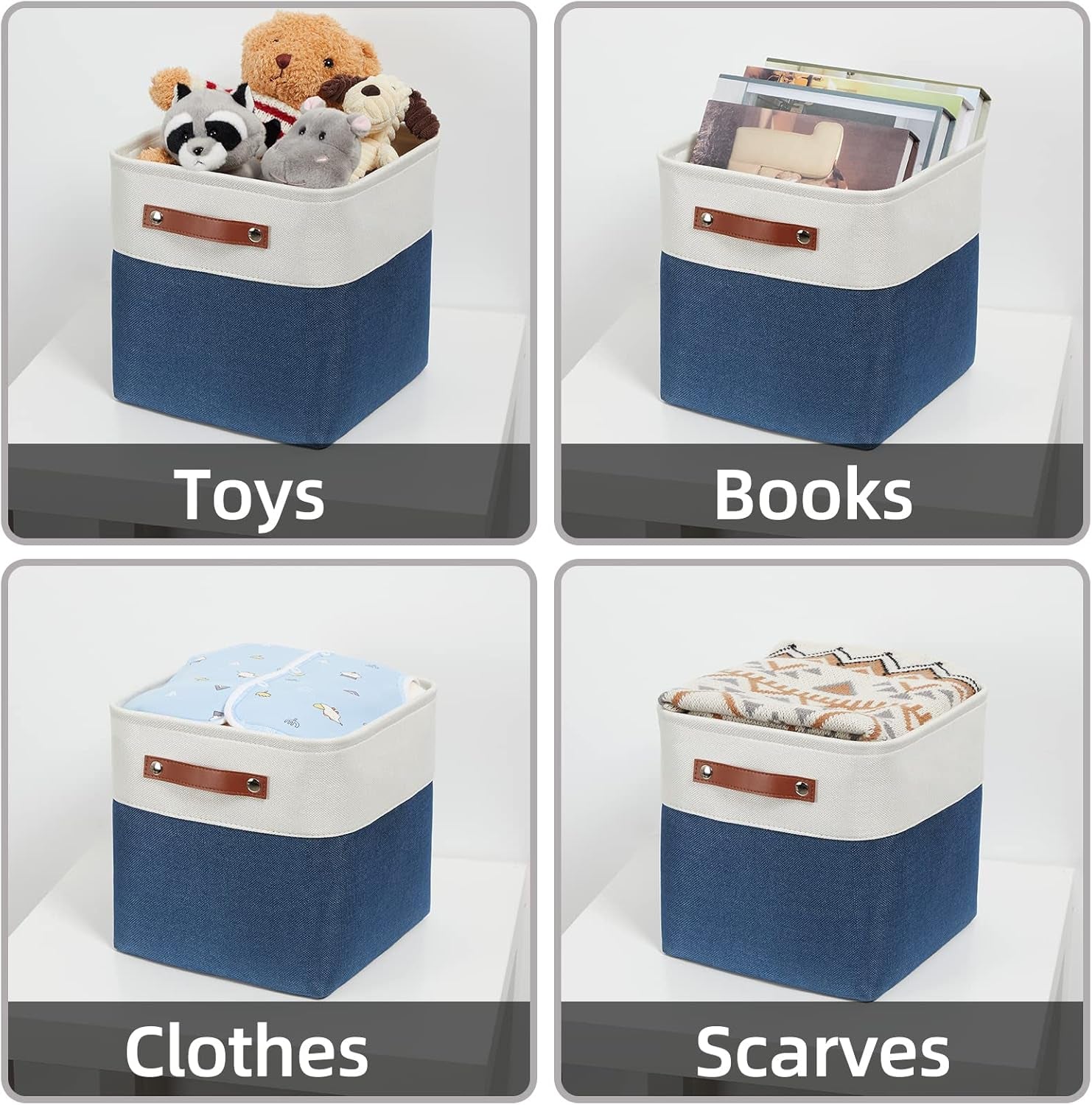 Fabric Cube Storage Bins Basket Set of 4, Closet Storage Cubes with Handles, Organizing Home Office (White Blue)