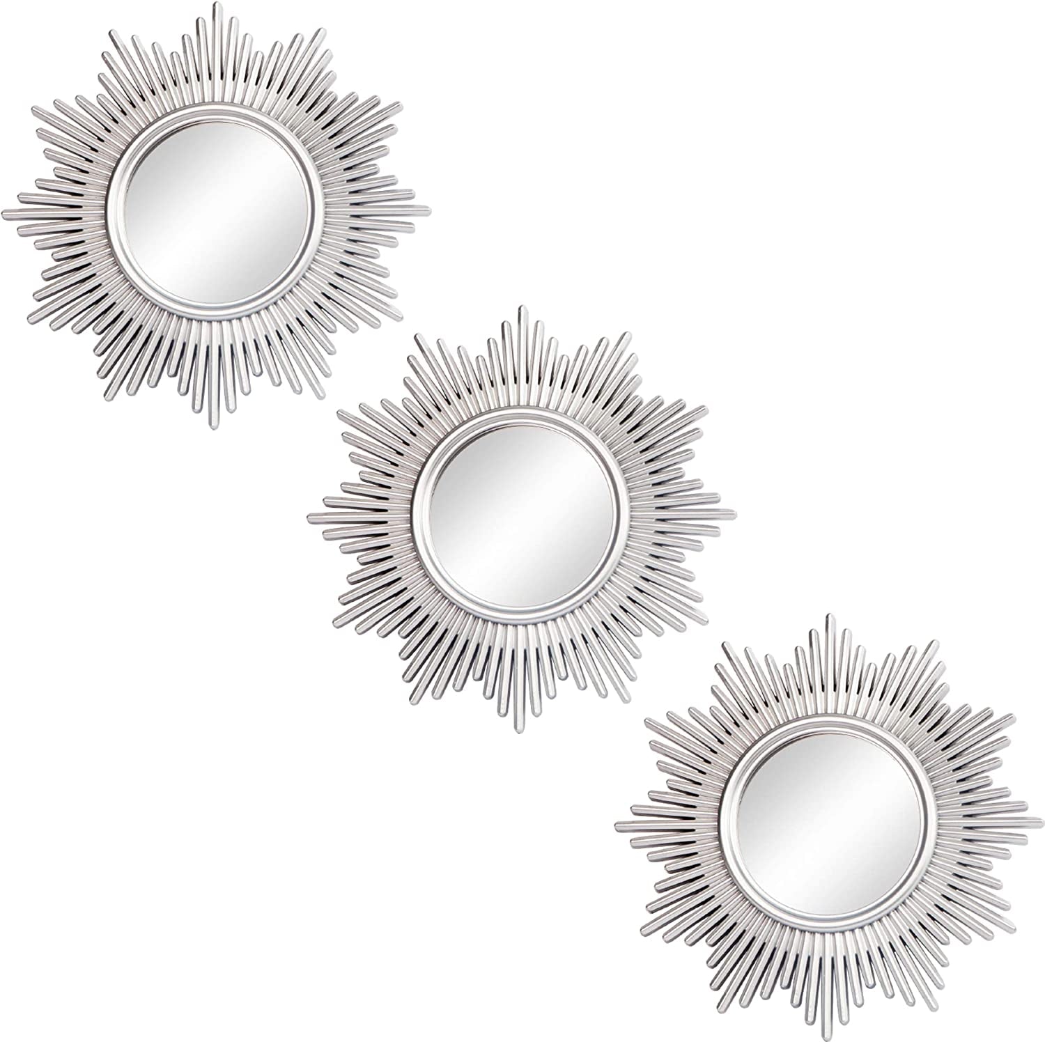 Small round Mirrors for Wall Decor Set of 3, Silver Sunburst Wall Decorations for Living Room Bedroom & Bathroom (MS013)