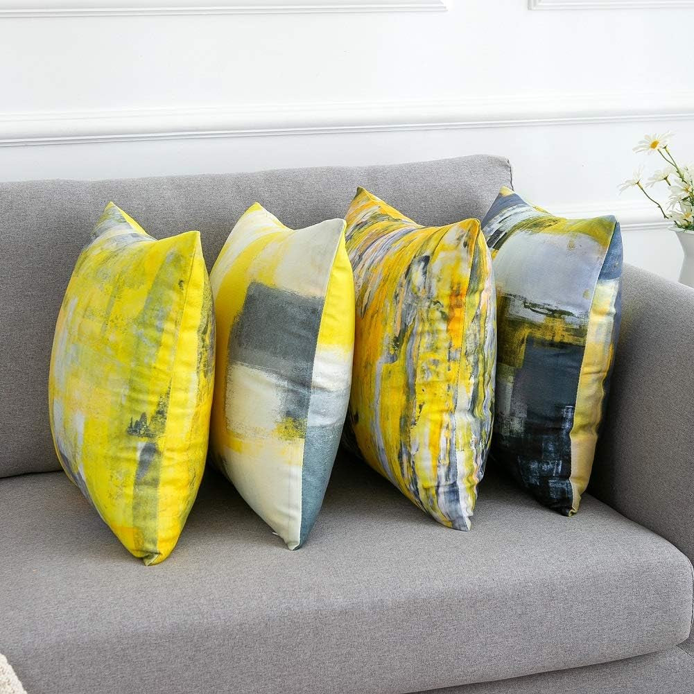 Throw Pillow Covers Yellow Throw Pillows Accent Pillow Covers Paint Set of 4 Cushion Case Yellow and Grey Decorative Yellow Pillows for Couch Sofa Living Room Bedroom 18 X 18 Inch
